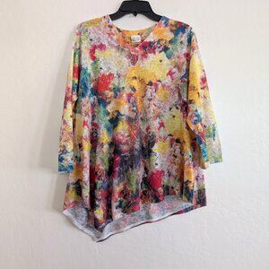 ET LOIS Top Women's XL Multicolor Floral Artsy Asymmetric V Neck Pullover